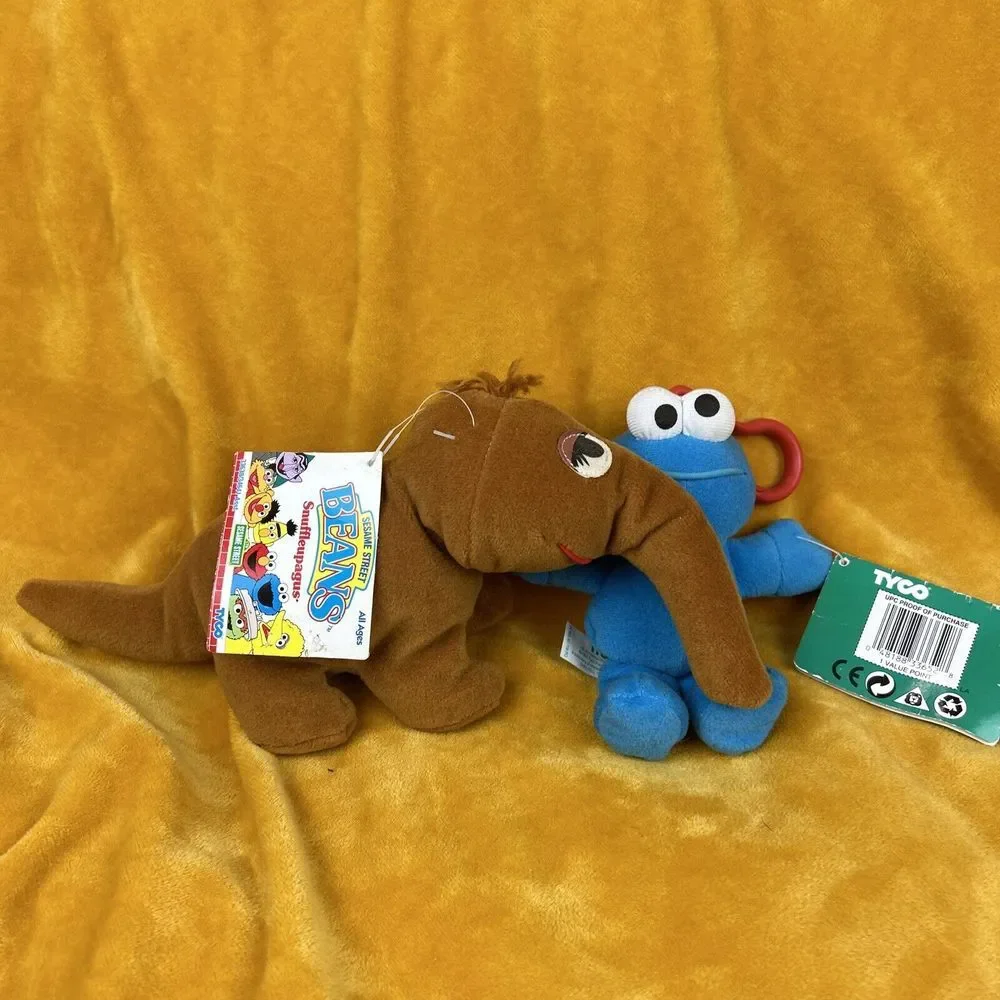 Vintage TYCO Lot 2 Sesame Street Snuffleupagus & Cookie Monster Plush Toy W/ Tag